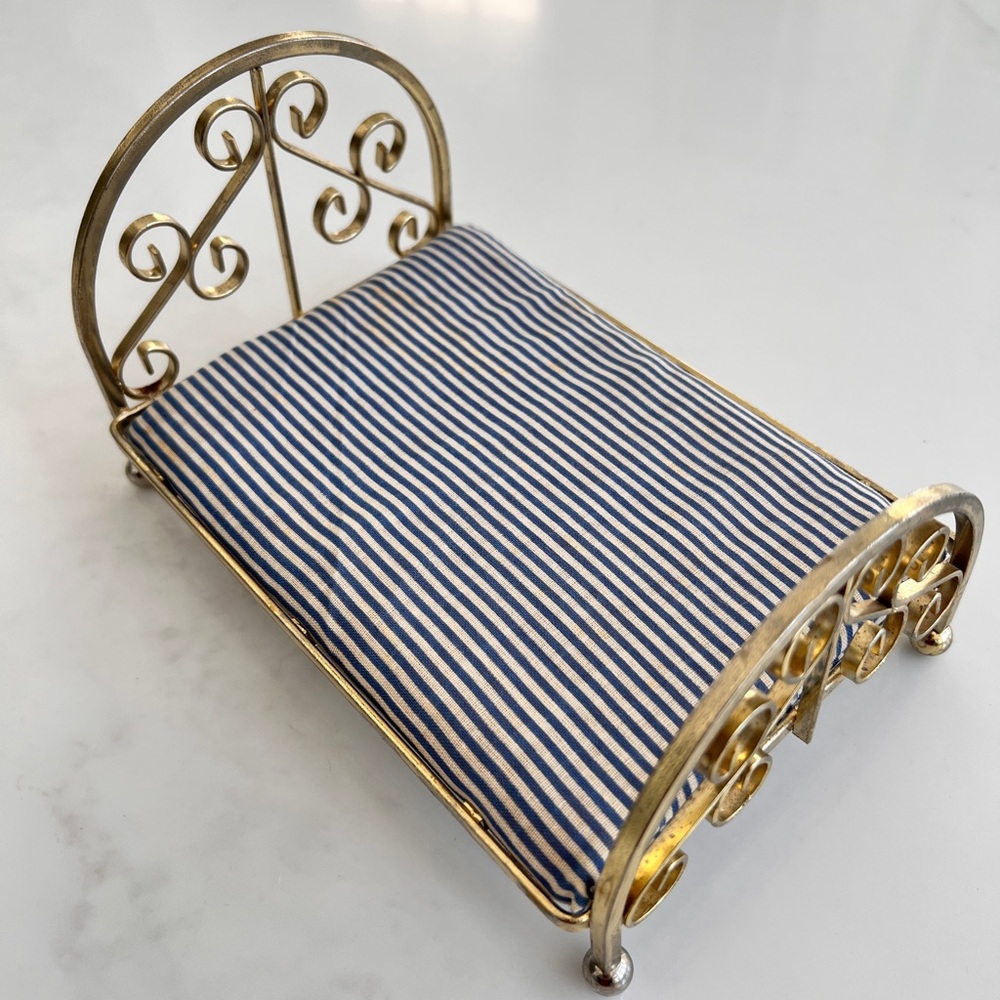 vintage miniature dollhouse bed metal frame gold tone blue white stripe mattress